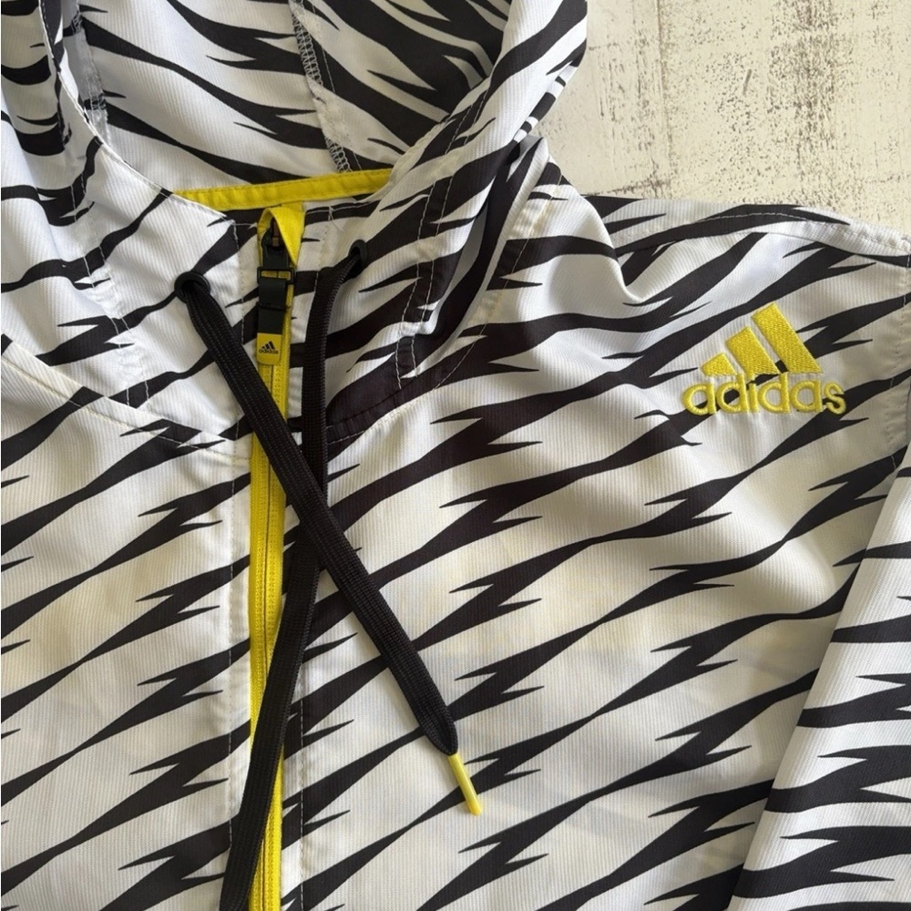 Adidas Black and White Patterned windbreaker Hoodie with Yellow Accents - Picture 2 of 16